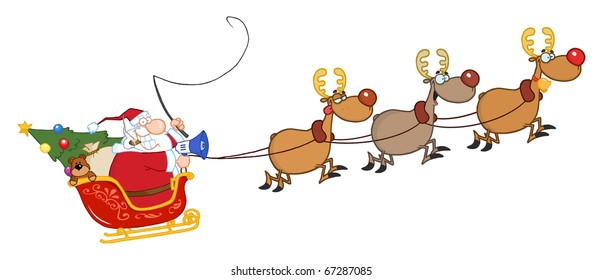 Santa Claus And Team Of Reindeer In His Sleigh Flying