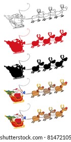 Santa Claus And Team Of Reindeer In His Sleigh Flying.Vector Collection