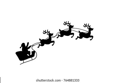 Santa Claus team,reindeer, vector black silhouette on white background