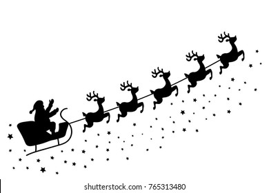 Santa Claus team,reindeer, vector black silhouette on white background