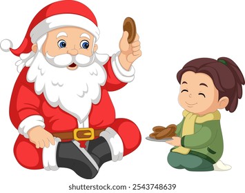 Santa Claus is telling a story while eating biscuits with a little girl of illustration