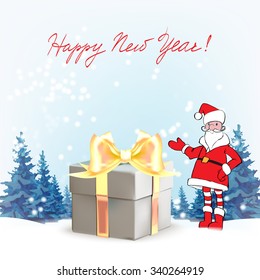 Santa Claus. Template greeting card Father Christmas hand points for a gift, sign your text isolated vector .