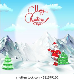 Santa Claus. Template greeting card Father Christmas hand points for a gift, sign your text isolated vector .