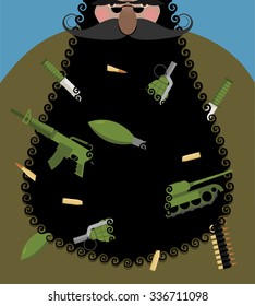 Santa Claus is terrorist with black beard. Evil Santa with arms in beard: automatic gun and grenade. Army knife and tank. Gangster Christmas. Bully grandfather.
