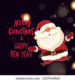Santa Claus with text Merry Christmas and Happy New Year isolated on a dark sparkle background,retro vector illustration for Christmas greeting