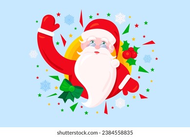 Santa Claus with thick white beard and lush mustache in traditional red suit happily waves his hand. Xmas character. Festive New Year vector isolated on blue background for decoration of holiday