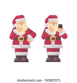 Santa Claus thinking and scratching his beard. Christmas character flat illustration