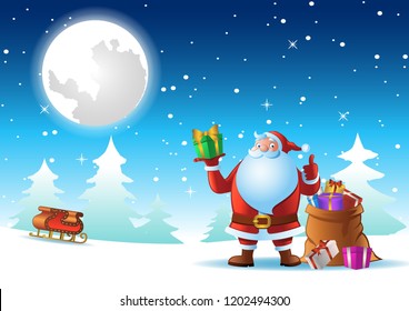 Santa Claus thumb up on snow on Christmas night to send gift to everyone nearby sleigh and gift sack,happy season,vector illustration