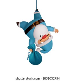 Santa Claus is tied by rope with his leg with bag of gifts in his hands. Realistic 3d character compatible doodle emoji elements on face. Isolated on white background for Xmas festive design. Vector