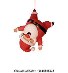 Santa Claus is tied with rope by the leg, weighs on rope. Realistic 3d character compatible doodle emoji elements on face. Isolated on white background for Xmas festive design. Vector illustration