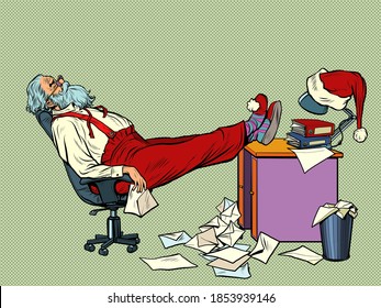 Santa Claus is tired and resting in the office for Christmas. Pop art retro illustration kitsch vintage 50s 60s style