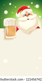 Santa Claus toasted with beer mug next to blank white signboard isolated on a green sparkle background