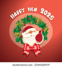 Santa Claus toasted with beer mug, Christmas wreath, Happy New Year 2025 celebrate concept