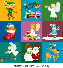 Santa Claus together with snowman in hats, children enjoy winter holidays, elf with sweets, angel wings pipe cat in gifts sock, girl and penguins holding presents, Christmas deer 