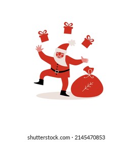 Santa Claus toss juggling gift boxes. Vector illustration of funny Santa juggler performance.