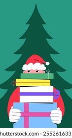 Santa Claus with a towering stack of gifts and Christmas tree on the background. Modern flat style illustration with copy space. Perfect for Secret Santa party banner or invitation. Vector