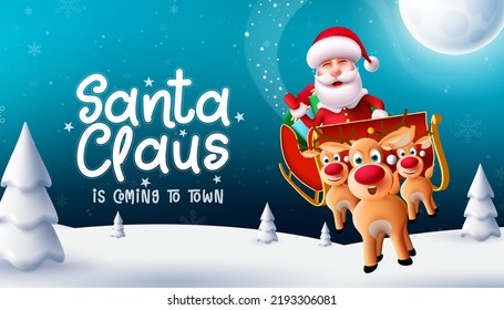 Santa claus in town vector design. Santa claus text with character riding sleigh and reindeer for merry christmas eve gift giving celebration. Vector illustration.
