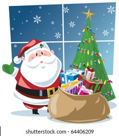 Santa Claus with toy bag full of gifts in front of Christmas tree