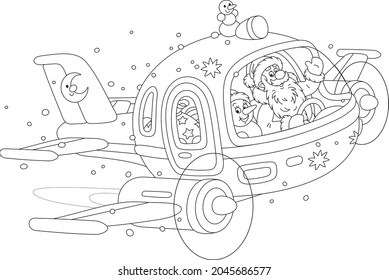 Santa Claus with a toy snowman friendly smiling, piloting a high-speed plane with Christmas gifts and waving in greeting, black and white outline vector cartoon illustration for a coloring book page