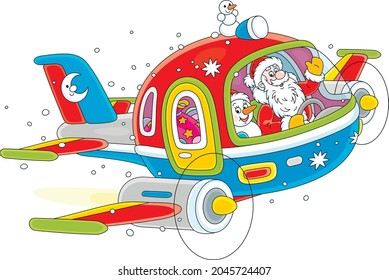 Santa Claus with a toy snowman friendly smiling, piloting a colorful high-speed plane with Christmas gifts and waving in greeting, vector cartoon illustration isolated on a white background