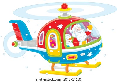Santa Claus with a toy snowman friendly smiling, waving in greeting and piloting a colorful helicopter with Christmas gifts, vector cartoon illustration isolated on a white background