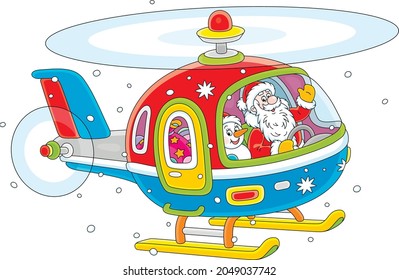 Santa Claus with a toy snowman friendly smiling, waving in greeting and piloting a colorful helicopter with Christmas gifts, vector cartoon illustration isolated on a white background