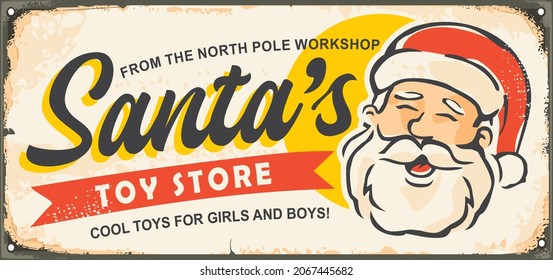 Santa Claus toy store vintage Christmas sign idea. Retro sign for toy shop with comic style Santa portrait drawing. Old fashioned illustration.