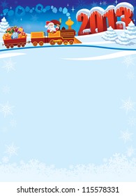 Santa Claus in a toy train with gifts, New Year in the background.