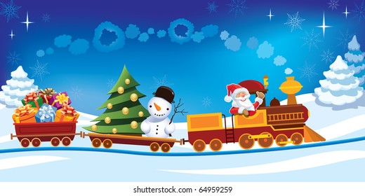 Santa Claus in a toy train with gifts, snowman and christmas tree.