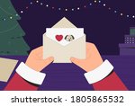 Santa Claus in traditional costume holding and reading Christmas Letter, next to the boxes with gifts and tree. Christmas and New Year Holiday Postcard. Flat vector illustration.
