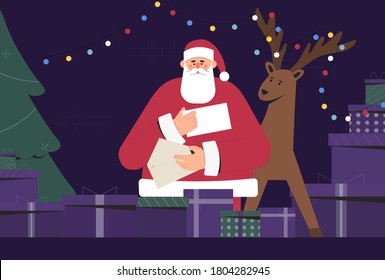 Santa Claus in traditional costume holding and reading Christmas Letter, next to the boxes with gifts and a deer. Christmas and New Year Holiday Postcard. Flat vector illustration.