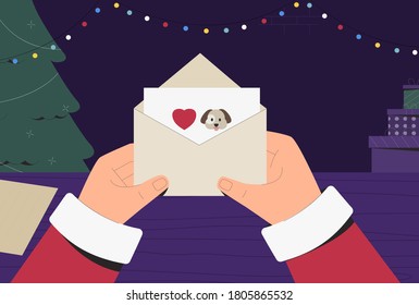 Santa Claus in traditional costume holding and reading Christmas Letter, next to the boxes with gifts and tree. Christmas and New Year Holiday Postcard. Flat vector illustration.