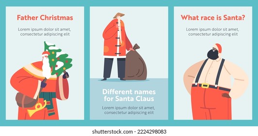 Santa Claus in Traditional Costumes of Different Countries Cartoon Banners. Xmas Holidays Personages with Gifts. Winter Season Christmas and New Year Vector Posters, Festive Background Templates