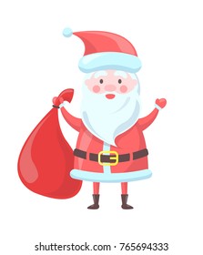 Santa Claus traditional image of elderly man with long white beard and red costume with bag full of presents for children vector illustration