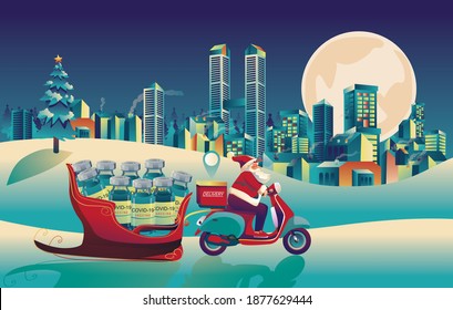 Santa Claus transporting happiness In Christmas and New Year, the COVID-19 vaccine is delivered to people. a vaccine vial, Vaccine development ready for treatment vector flat design illustration