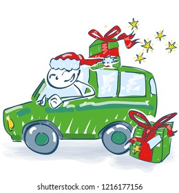 Santa Claus transports Christmas presents by car