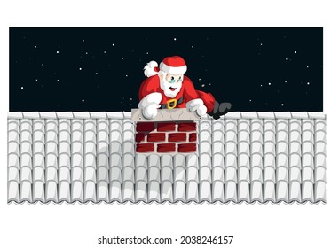 Santa Claus trapped in the chimney. The concept of Merry Christmas. Vector illustration in cartoon style.