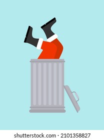 Santa Claus in trash can. Throw away Christmas. Throw the holiday in trash. End of holidays concept.