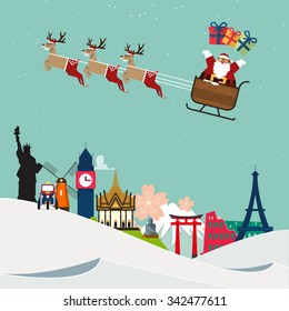 Santa Claus travel around famous world landmark. Vector Illustration