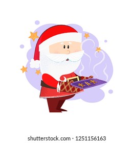 Santa Claus with tray of cookies. Dessert, baking, character. Can be used for topics like cooking, food, menu