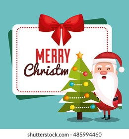 santa claus and tree with card merry christmas design