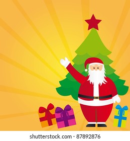 santa claus with tree and gifts, yellow background. vector