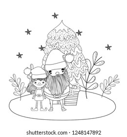 santa claus with tree and helper in the snowscape
