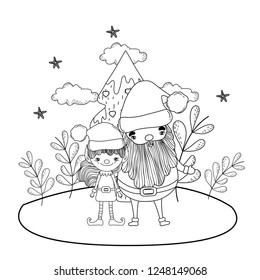 santa claus with tree and helper in the snowscape
