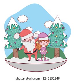 santa claus with tree and helper in the snowscape