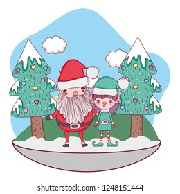 santa claus with tree and helper in the snowscape