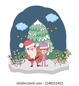 santa claus with tree and helper in the snowscape