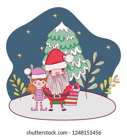 santa claus with tree and helper in the snowscape