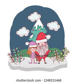 santa claus with tree and helper in the snowscape