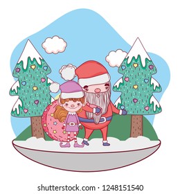 santa claus with tree and helper in the snowscape